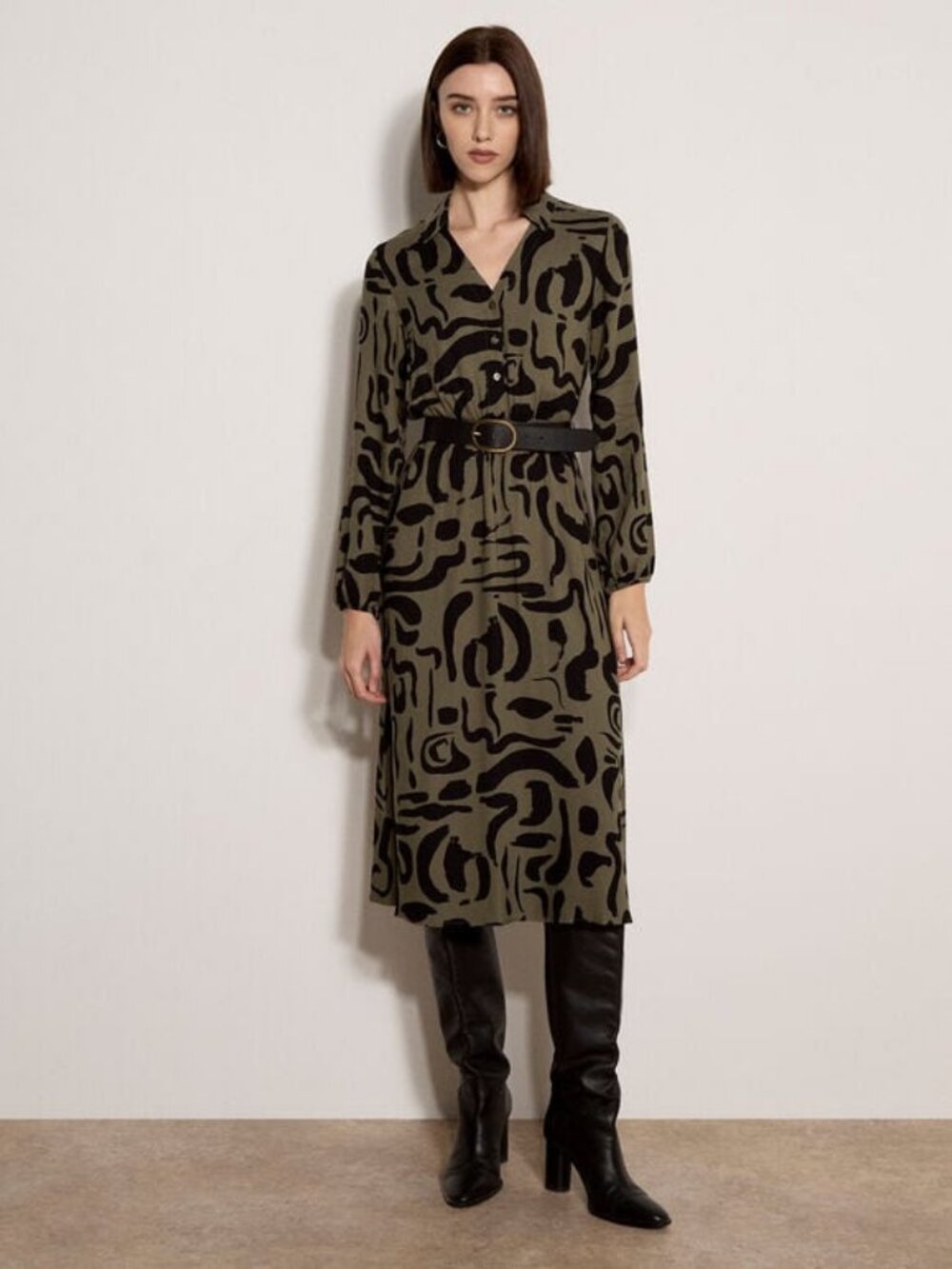 Apricot UK Brushstroke Midi Belted Shirt Dress in Olive Green & Black Sz 8